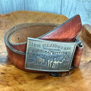 Vintage Belt Buckle & Belt Levi Strauss & Co Original Riveted Brass Tone Sz 28